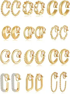 12 Pairs Clip On Hoop Earrings Elegant Minimalist & Trendy Style (Non-Piercing Design, Soft Rubber Plugs & Various Stylish Shapes) for Women & Girls (Daily Wear, Parties & Casual Styling)