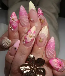 HelenNails – Pink Paradise Beach Press On Nails | 3D Seashell Floral Nails | Tropical Summer Gradient Nail Set | Mermaid Vibes Nails – HL463