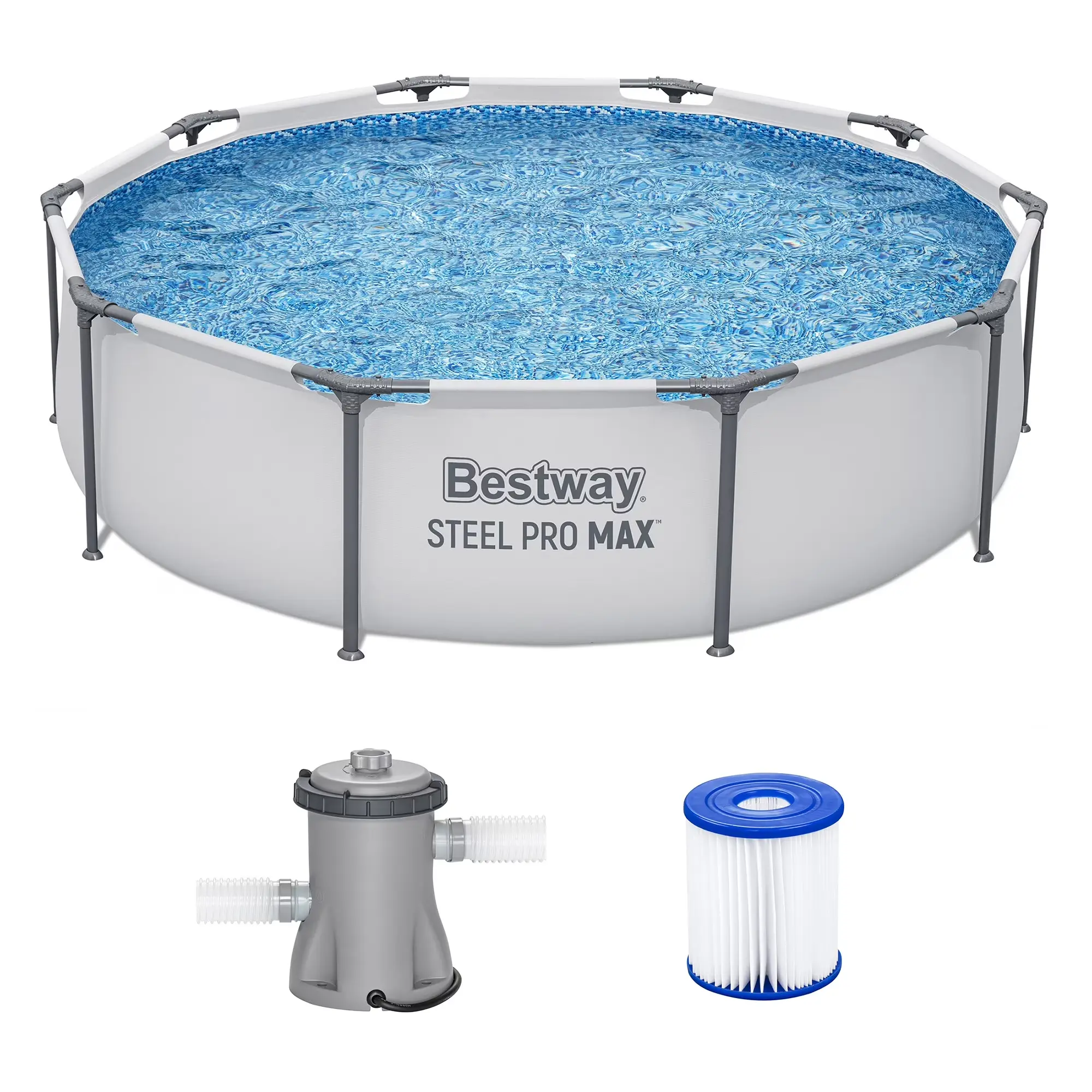 Bestway Steel Pro MAX 10'x30\" Metal Frame Above Ground Pool Set w/ Filter Pump & Cartridge
