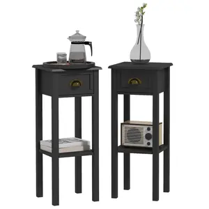 2-Tier Side Tables Set of 2 with Drawer and Shelf – 2 Pieces End Tables for Living Room and Hallway, Slim 11.75" Wide, MDF Construction, Anti-Tipping Strap, 33 lbs Capacity, Black