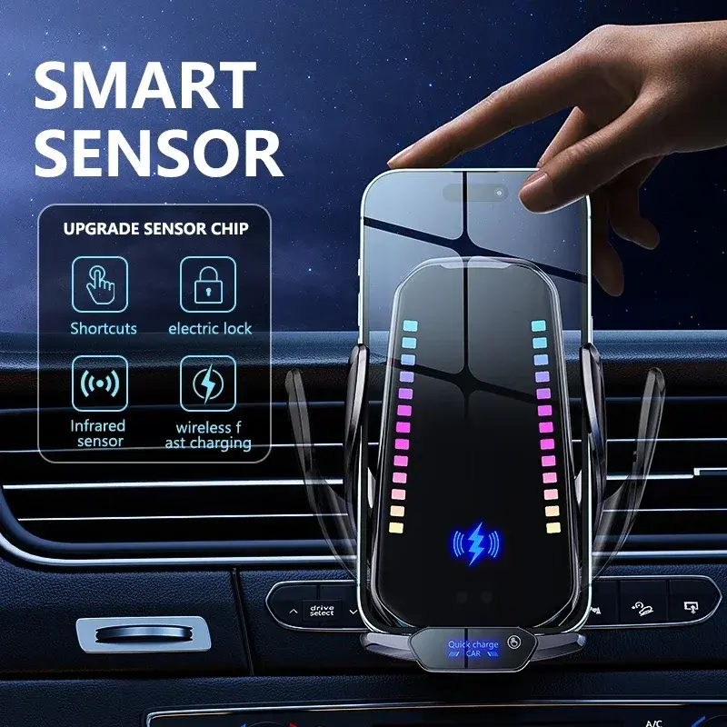 Smart Sensor RGB Lights Rhythem Move Sound Support 66W Wired Charger 15W Faster Wireless Car Phone Holder for iPhone Samsung Android Phones with Dual Mode Charging Magnetic Direct & Wireless Fast Charging Automatic Clamps One Hand Operation Fast Charging