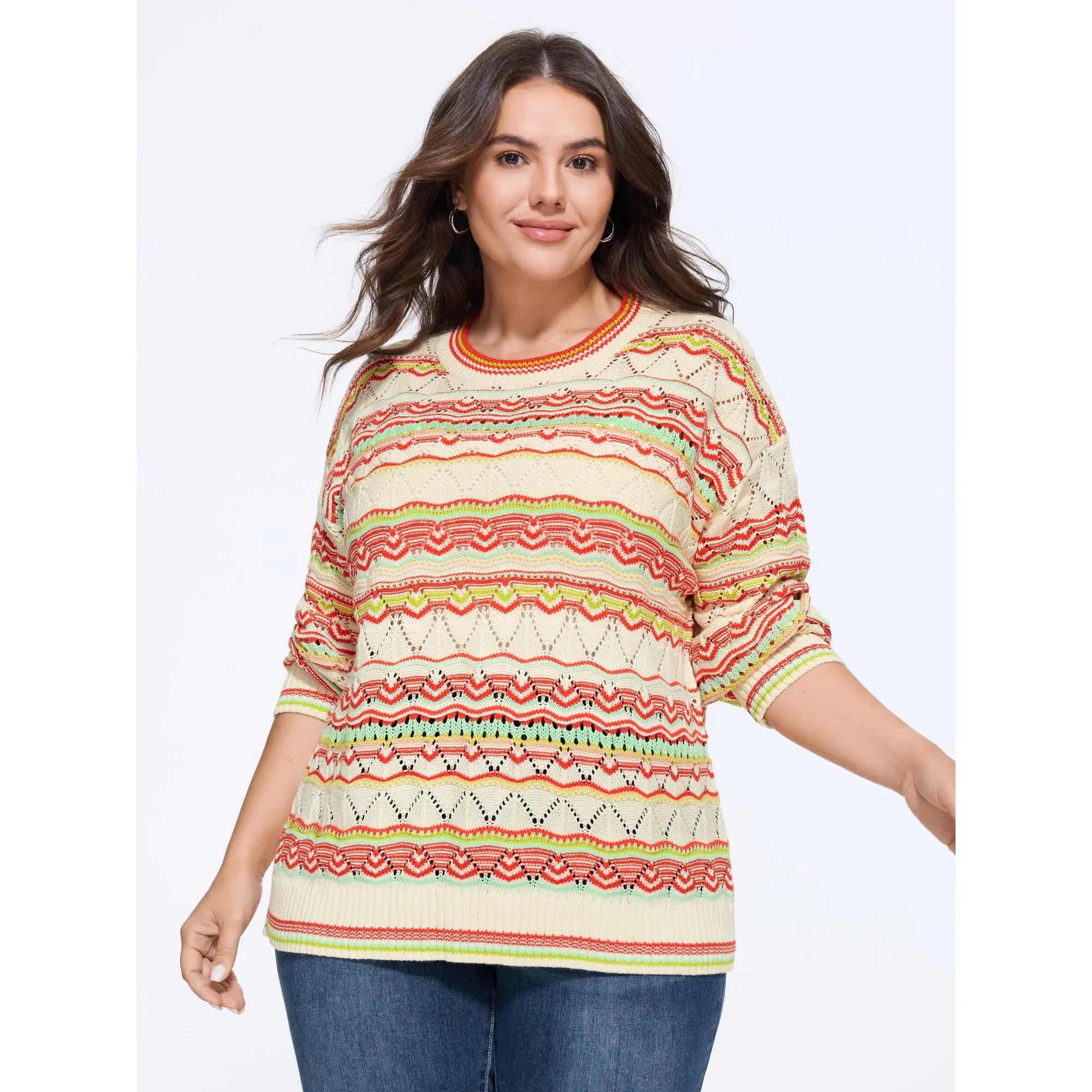 BLOOMCHIC Women's Plus Size Cotton Knit Pullover Tops - Geometric Pattern, Crew Round Neck, Cut Out Design, Casual Fit, Breathable Fabric, Long Sleeve, Multicolor Summer Wear [M-6X]，SohoChic