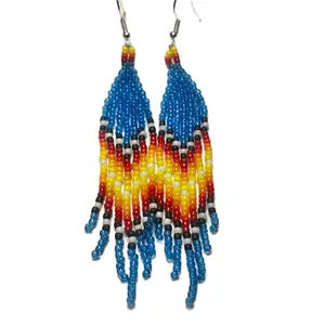 Native American Fire Color Beaded Earrings - Authentic Pink Blue Purple & Gray Shades Handmade Lightweight Jewelry for Daily Wear