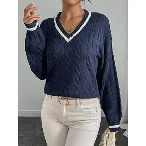 Women’s Cable Knit V Neck Sweater - Contrast Binding Casual Long Sleeve Pullover for Spring and Fall Daily Wear