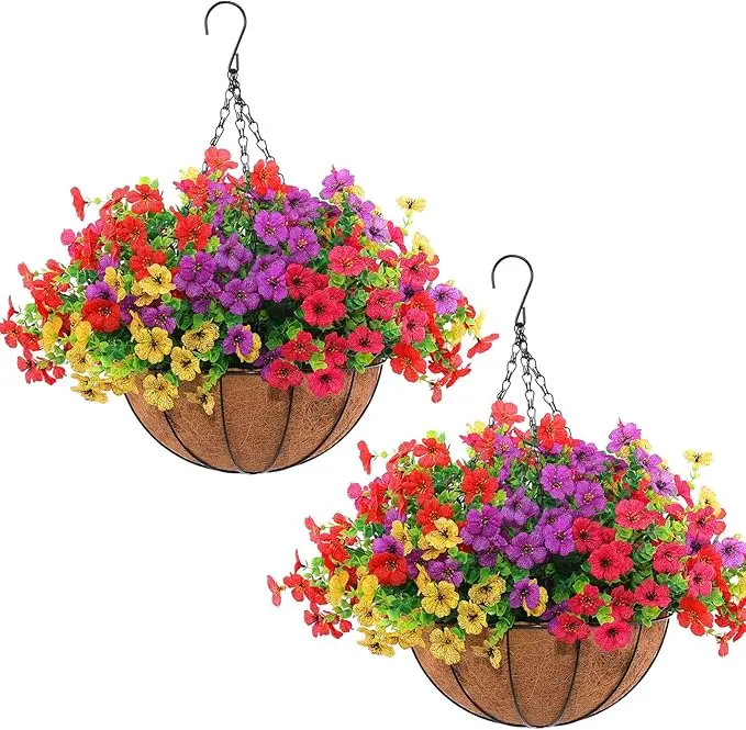 1 Set Artificial Outdoor Flowers with Hanging Basket, Hanging Planters with 12 Pcs Flowers for Spring Summer Front Porch Garden Patio Home Decor (2,