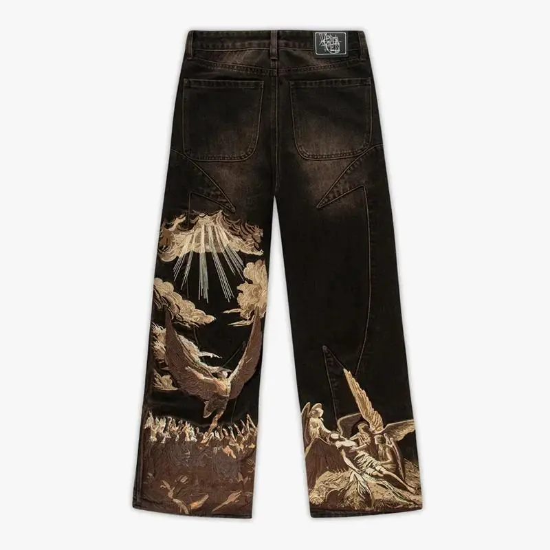 Casual jeans American Vintage Splicing Heavens Eclipse Pattern Seams Embroidery Jeans Gothic Men Women  Fashion Street Style Jeans  shop  gym  shorts Thermal Night Vision fashion clothes autumn casual wear summer beach
