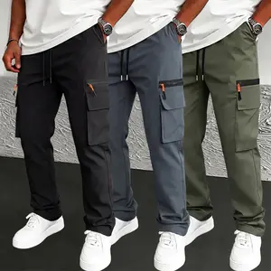 3-pack men’s solid-color plus-size tactical cargo pants featuring a multi-pocket design with faux zipper accents; wear-resistant outdoor training pants available in multiple color options, suitable for fishing, outdoor activities, everyday work, hiking/mo
