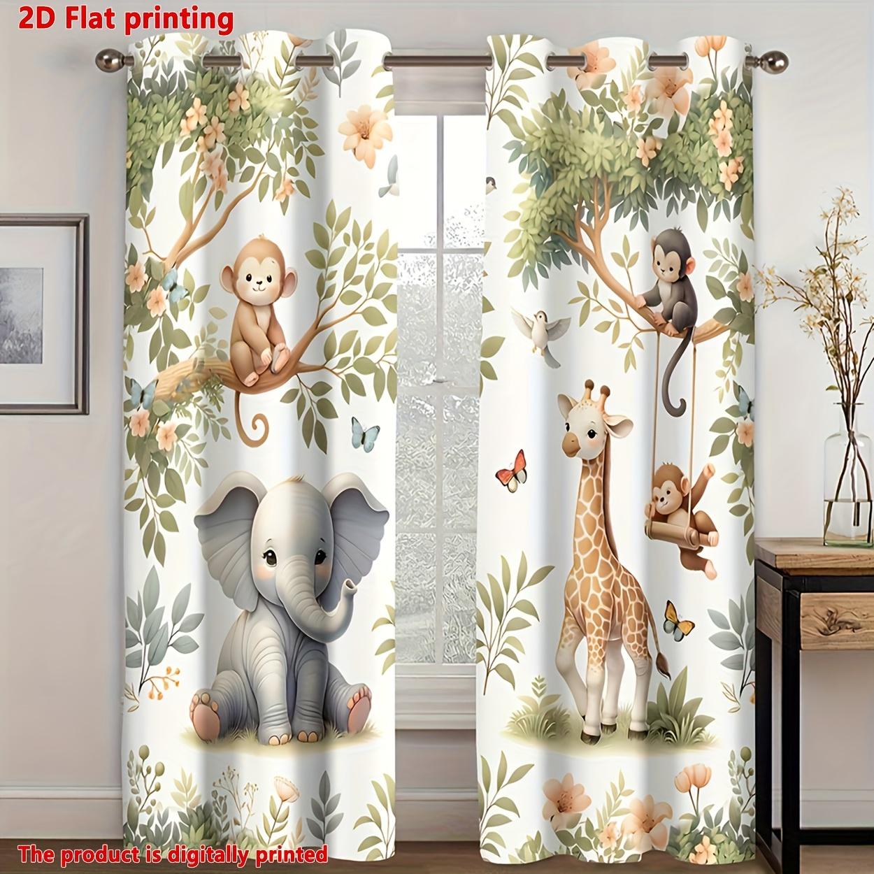 2D Flat Printed Animal Curtains 2 Panels, Cute Jungle Elephant Giraffe Monkey Print Window Drapes, Light Filtering Home Decor for Living Room Bedroom