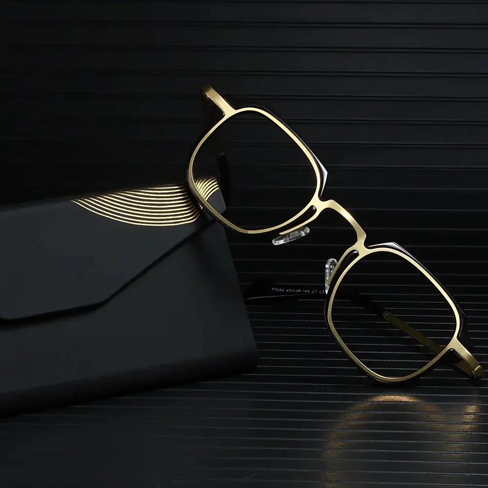 Fytoo Eyeglasses, Acetate Glasses Black Gold Square Optical Frame with Premium Glasses Case, Retro Non‑Prescription Spectacle Frame for Men Women