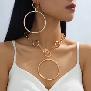 3pcs Exaggerated Geometric Large Hoop Earrings & Layered Circle Necklace Set for Women Golden-Toned Bohemian Minimalist Statement Jewelry Bold Interlocking Circles Versatile All-Season Wear