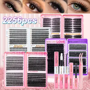 RITALASH 2256Pcs Large Pack 4 Trays Lash Book Clusters Kit Eyelash Clusters Lash Kit Volume Lashes Clusters D Curl DIY Individual False Eyelashes with  Bond&Seal Wispy Bulk Cluster Eyelash Extensions Kit