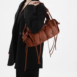 2025 Retro Versatile Multi-Pocket Lace-up Pleated Hand Shoulder Bag Large Capacity Hand one-shoulder commuter bag