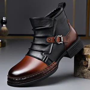 Men's Faux Leather High Top Ankle Boots, Ruched Detail with Side Zipper & Buckle Decoration, Suitable for All Occasions