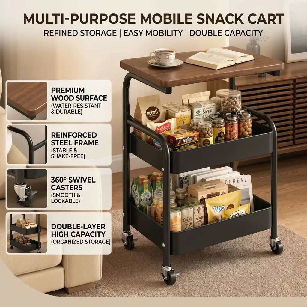Mobile C-Shaped Side Table with Storage, Rolling C Table with Wood Top, 3-Tier End Table on Lockable Wheels, Sofa Snack Table, Bedside Nightstand for Living Room, Bedroom & Small Spaces, Black