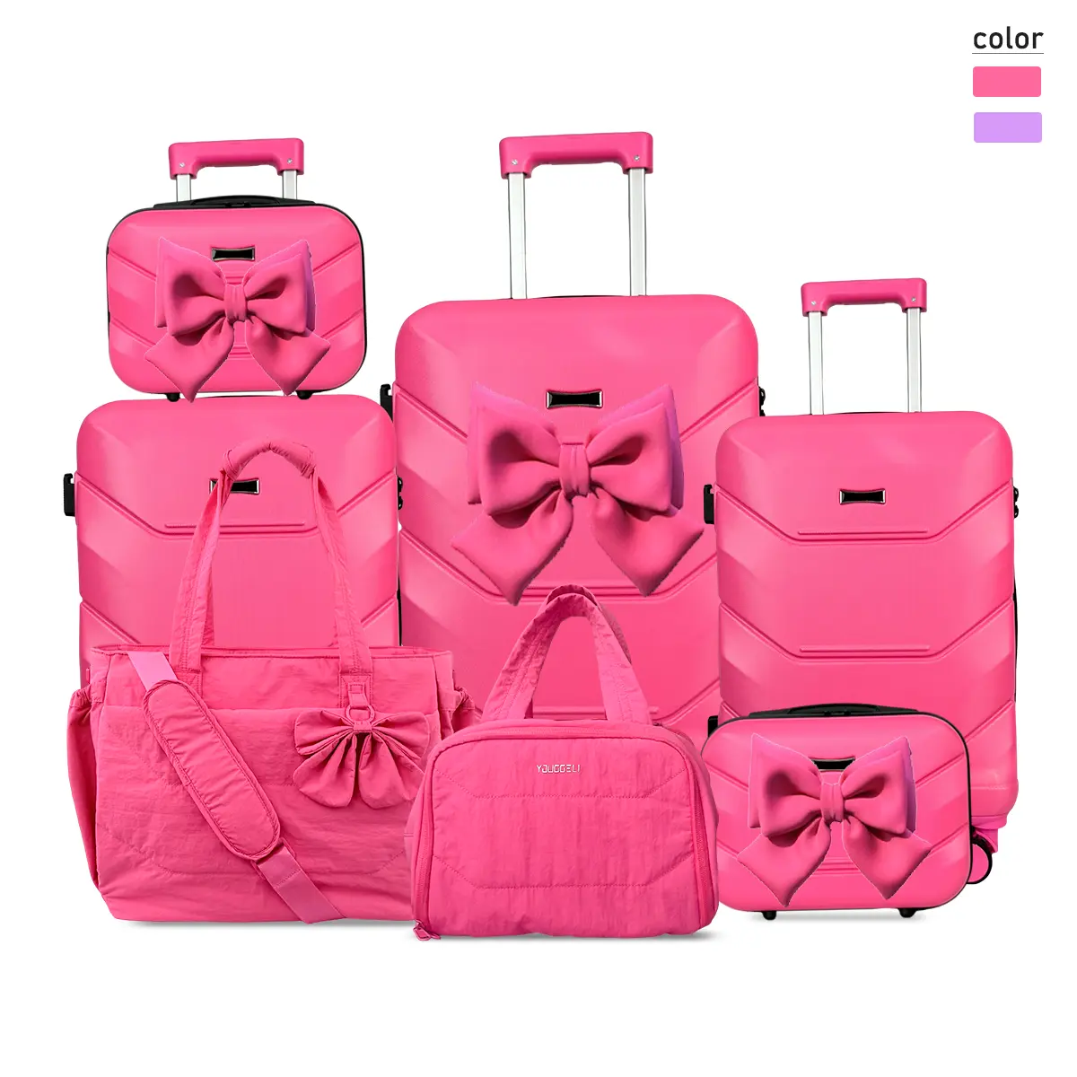 10-Piece Family Travel Luggage Set with Travel System, Explosion-Proof Zippers, Cup Holders, USB Ports, TSA Connectivity, 360° Wheels, Bow, Tote Bag, Cosmetic Bag, Durable Portable Versatile Suitcases