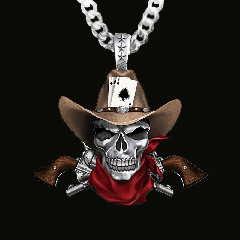 Gothic Skull Necklace For Men - Vintage Fashion Revolver Western Cowboy Pendant - Punk Style - Stainless Steel - For Men - Perfect Gift for Punk Lovers & Rock Fans