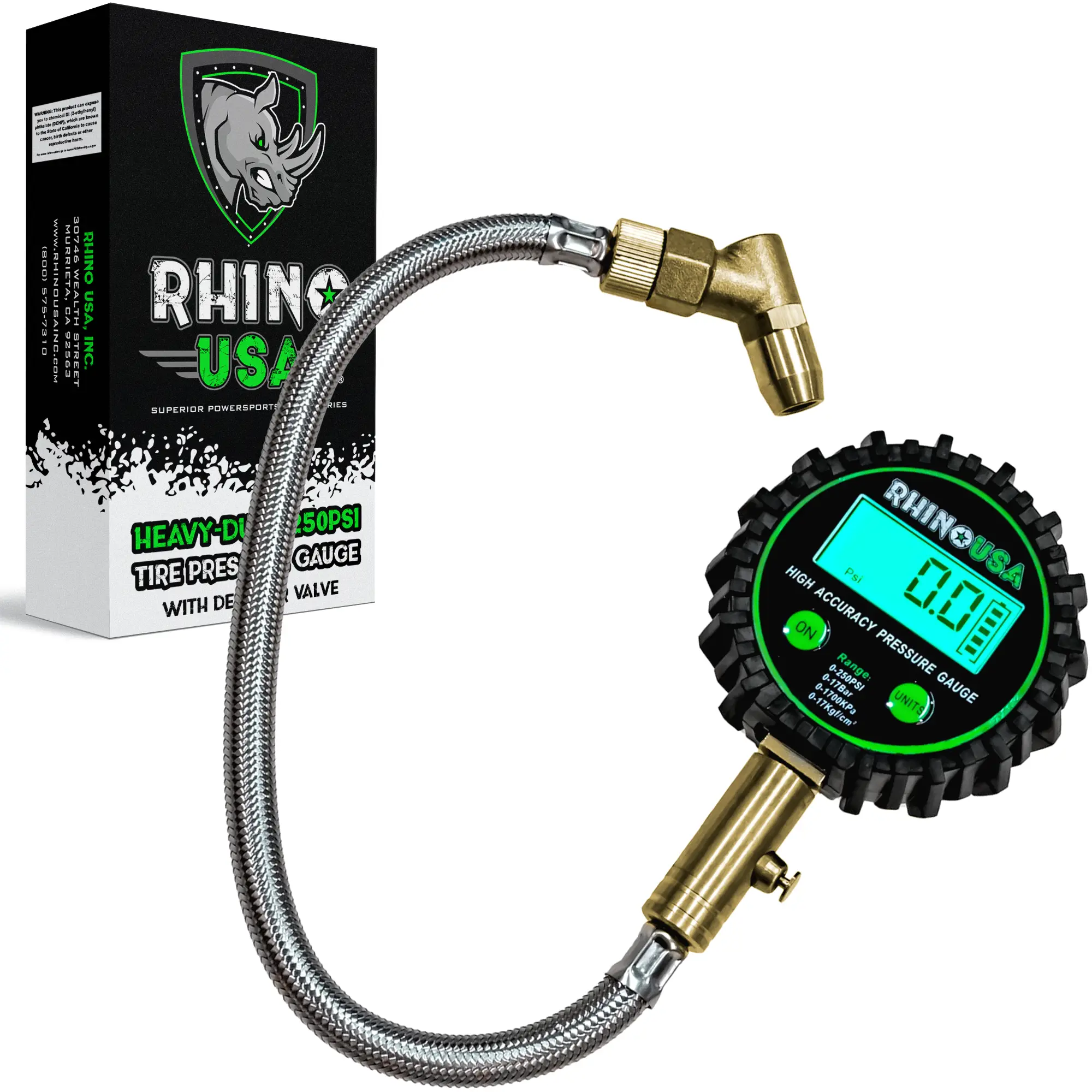 Rhino USA Heavy Duty Digital Tire Pressure Gauge (0-250 PSI) Professional ANSI B40.7 Accurate, Easy Read Glow Dial, Premium Braided Hose
