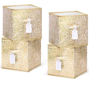 Cube Storage Bin, 11 Inch Cube Storage Organizer Bins, Collapsible Fabric Storage Cubes with Dual Handles&Tags, 4-Pack Storage Boxes for Cubby Shelf Closet Storage, Gold Leopard