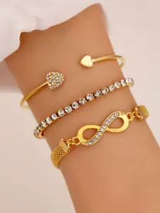3 Pcs Bracelet Set, Sparkling Synthetic Zircon Heart-Shaped Design, Fashionable Women's Jewelry Gift, Heart Cuff Bracelet, Trendy Stack Bangle, Rhinestone Decorated Bangle, Bracelets Stack