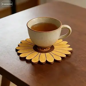 2 Piece Wooden Sunflower Table Set & Heat Resistant Mat, Ideal for Bowls, Pots, Cups, Kitchen Protection, Decorative Table Pad, Coasters For Drinks