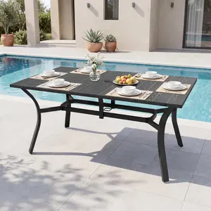63'' Outdoor Dining Table for 6, Black Metal Rectangular Patio Dining Table with 1.97'' Umbrella Hole,Anti-Rust Waterproof Square Table for Porch Deck Poolside Garden Backyard