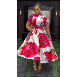 Pink Floral Skater Midi A-Line Dress for Cocktail Party Birthday Wedding Guest Dinner Reception Photoshoot