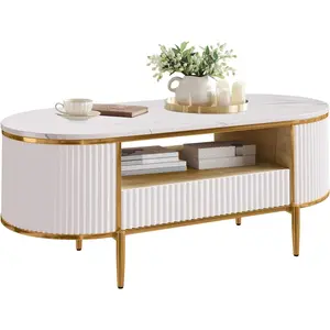 White 48in Modern Fluted Coffee Table Modern Oval Coffee Table with Drawer Curved Profile Center Table for Living Room White