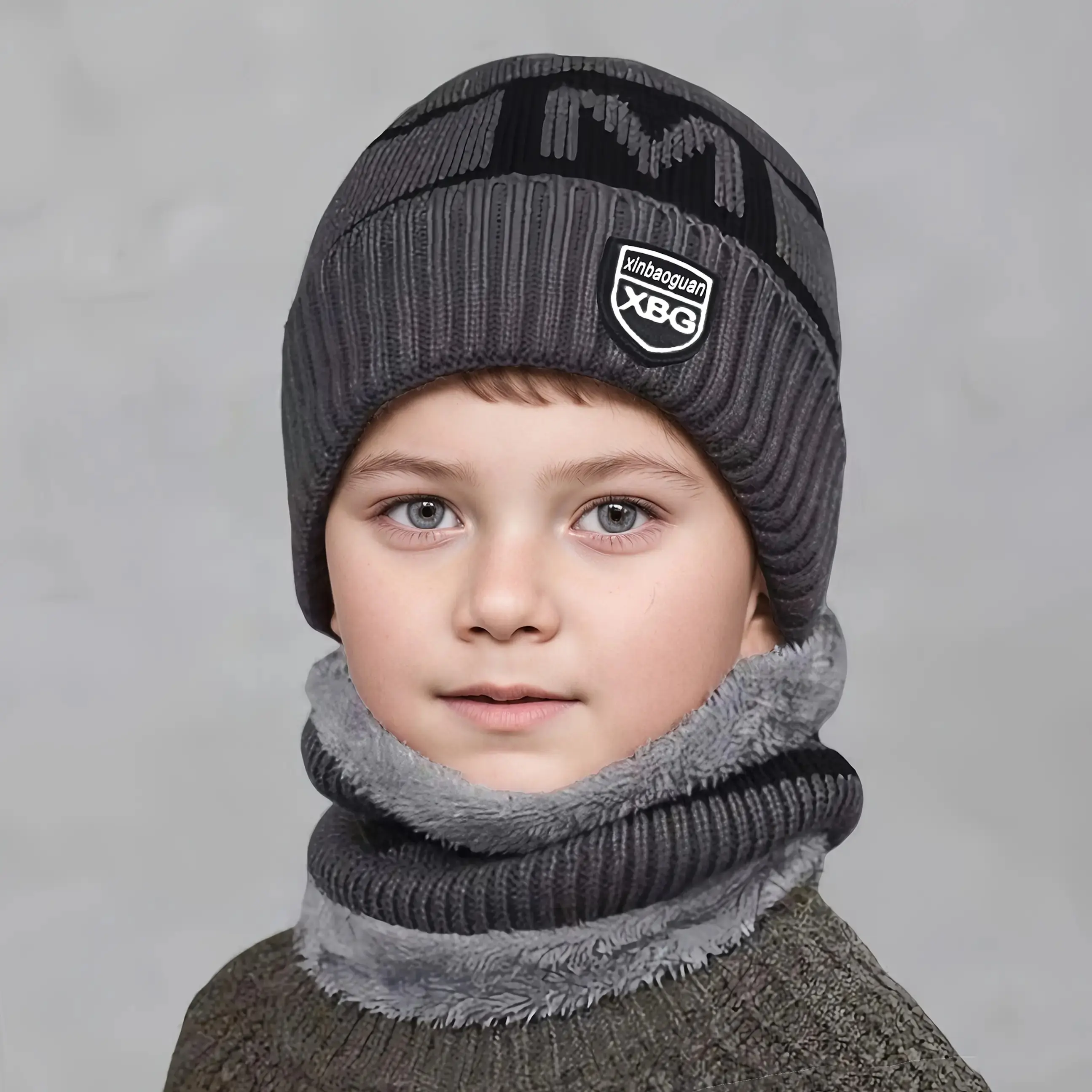 QY【Gray】M Knitted Scarf Two-Piece Set