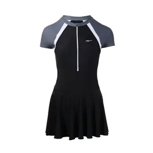 Adult Women's Swimming Suit - Pool-Specific Slimming and Contouring One-Piece Bandeau Swimsuit with Gray Sleeves and Black Skirt