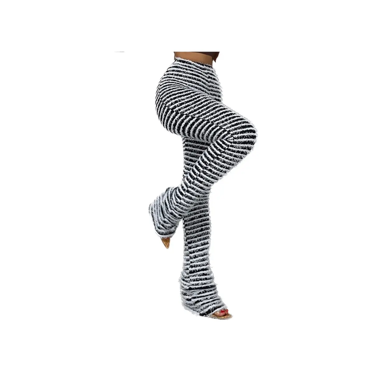 FASHION SNOB BOUTIQUE Striped Stacked Pants stripe stacked pants black and white stripe pants fuzzy pants furry pants body fitting tight fitting women’s pants womenswear date night outfit birthday outfit baddie pants baddie outfit