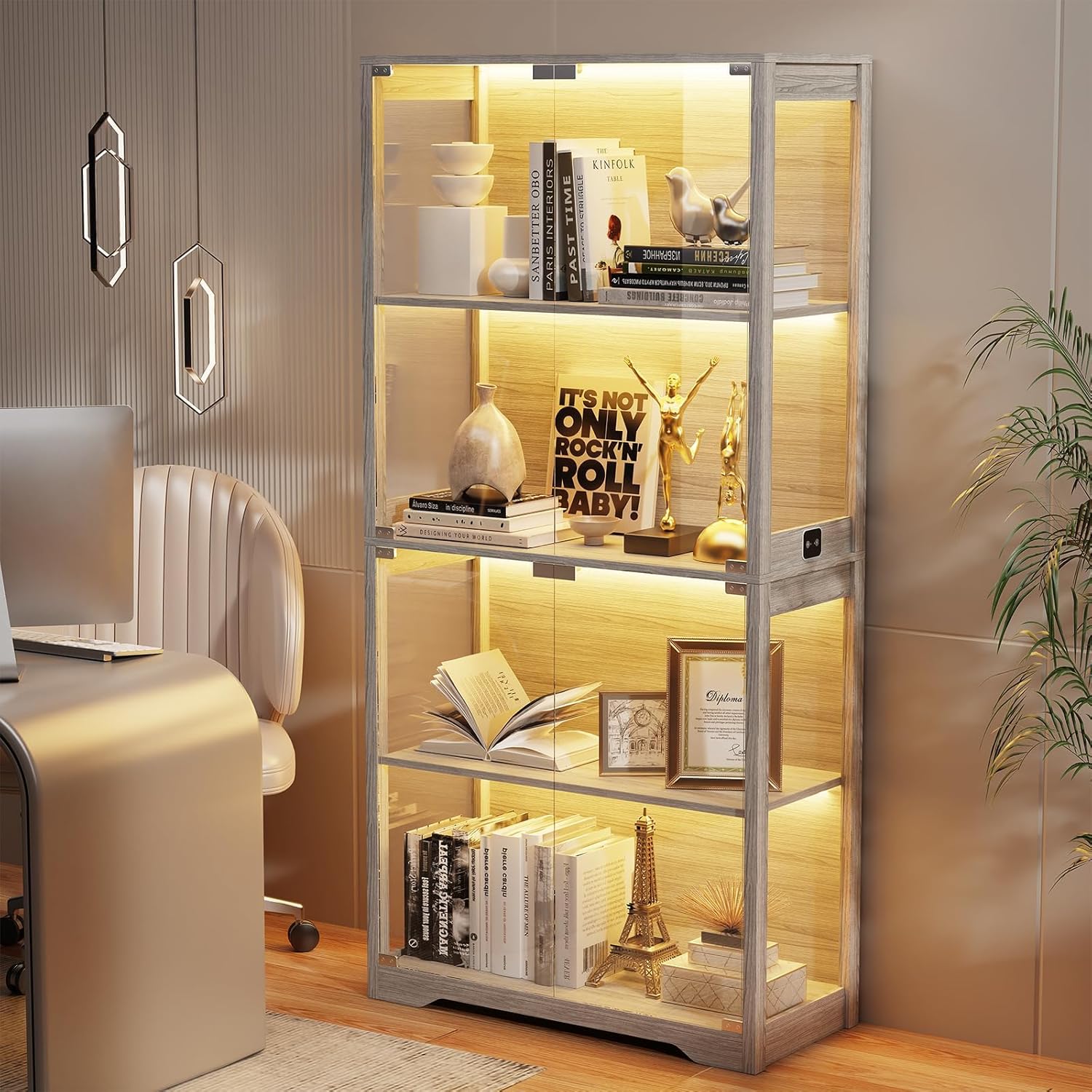 BROTTAR Display Cabinet with Glass Doors, 4-Tier Curio Cabinet with 3 Color Lights for Collectibles, Glass Display Case with Human Body Sensor, Bookcase with 4 Shelves, Storage Cabinets, White,Gray,Black BROTTAR Display Cabinet with Glass Doors, 4-Tier Curio Cabinet with 3 Color Lights for Collectibles, Glass Display Case with Human Body Sensor, Bookcase with 4 Shelves, Storage Cabinets, White,Gray,Black