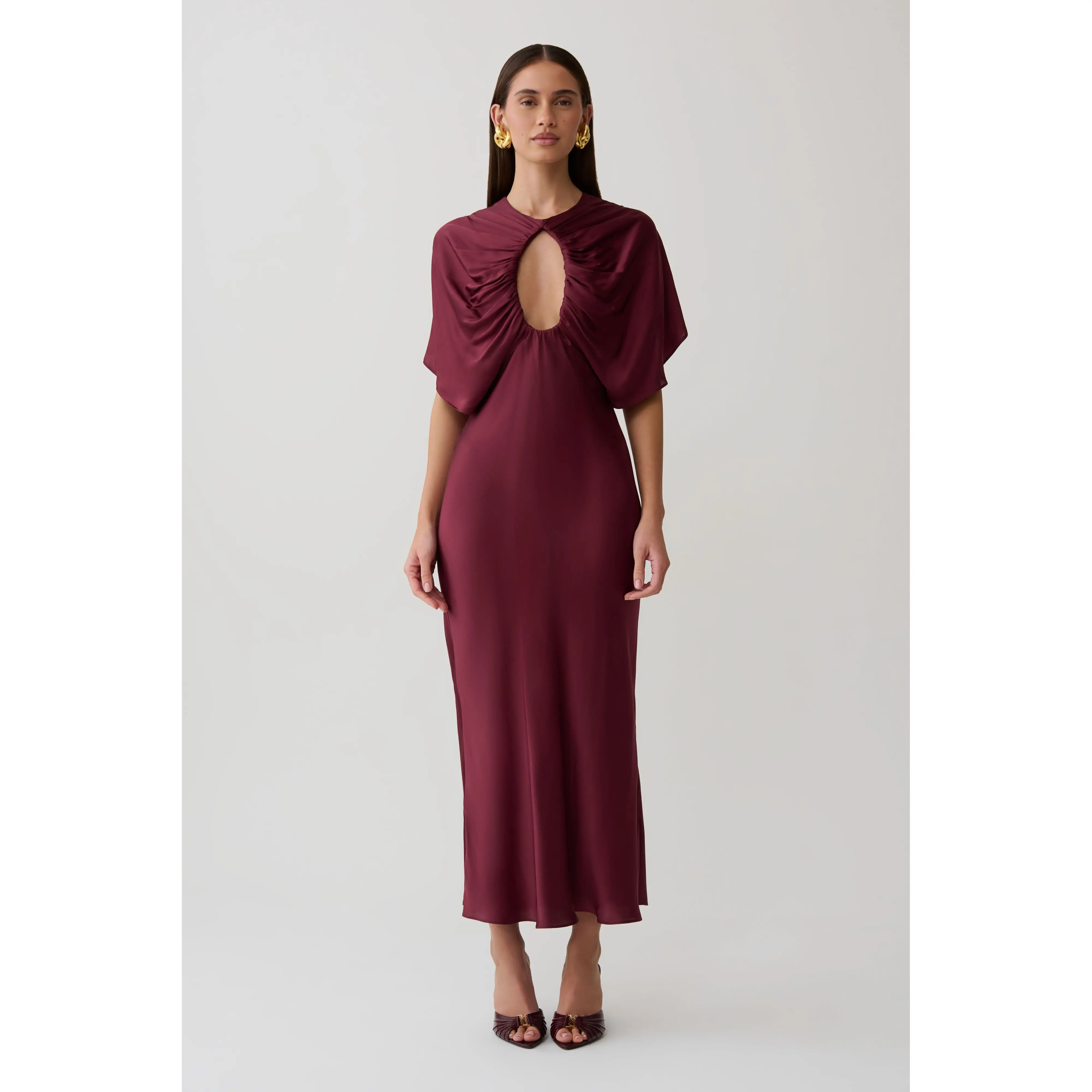Mona Cut Out Satin Midi Dress - Burgundy