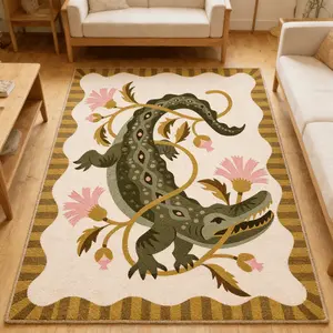 Vintage Tropical Crocodile Flower Carpet Rug, Bohemian Style Soft Washable Mat for Living Room Bedroom, Boho Floral Rug Boho Area Rug Home Decor
