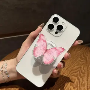 Pink Butterfly Phone Grip - Magnetic Pop Socket & Kickstand - Cute Coquette iPhone Accessory