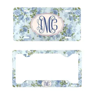 Personalized Blue Floral License Plate Frame Vintage Rose Monogram Car Tag Cottagecore Car Accessories Elegant Cute Girly Car Decor Custom Name Plate Gift for Women