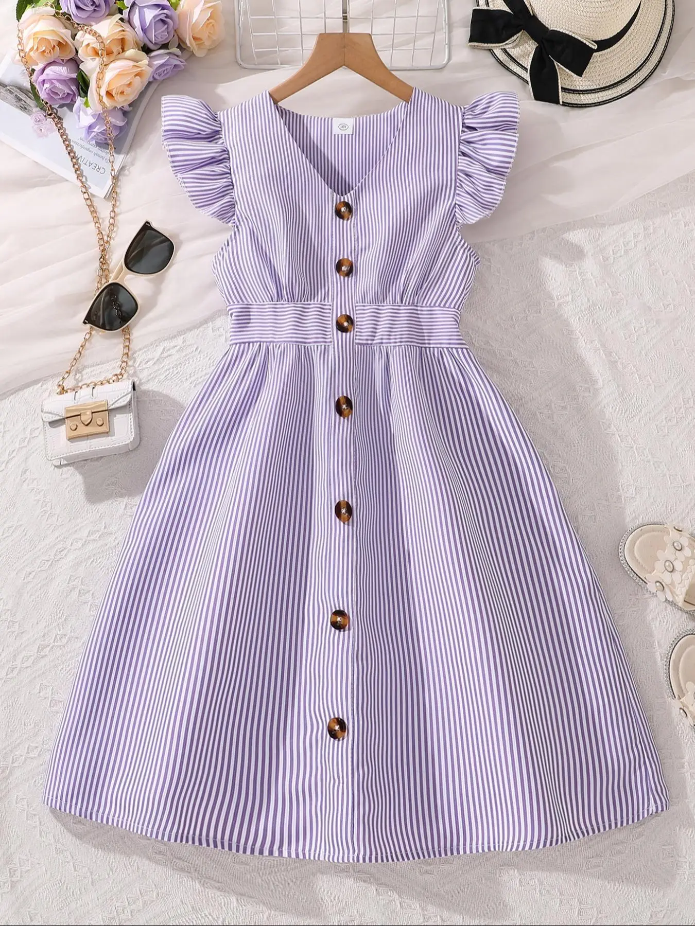 Girl's Striped Print Button Front Ruffle Trim Dress, Casual Butterfly Sleeve V Neck A Line Dress for Daily Wear, Kids Clothes for All Seasons