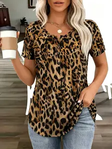 Summer New Arrival Plus Size Women's Leopard Print Short Sleeve Shirt, Button Front Design, Curved Hem, Fashion Top