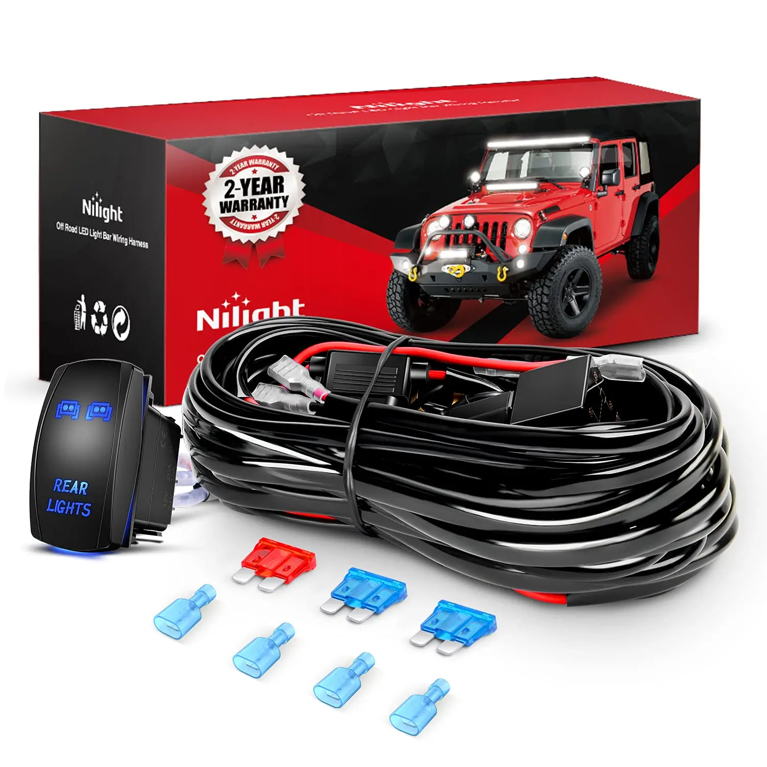 Nilight 180W LED Light Bar Wiring Harness Kit for Rear Lights & Car Decoration, 12V Compatible, 5-Pin Rocker Switch with Laser On-Off, Waterproof Switch, Power Relay, Blade Fuse, 2-Lead Black Electrical Accessory, Light Bar Car, Automotive Relay