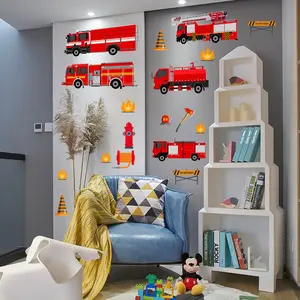 1Set cartoon fire truck themed decorative sticker, suitable for home decoration, glass decoration, wall decoration, window decoration, etc., self-adhesive and detachable waterproof sticker, peeling and pasting, adding fun and vitality to family life
