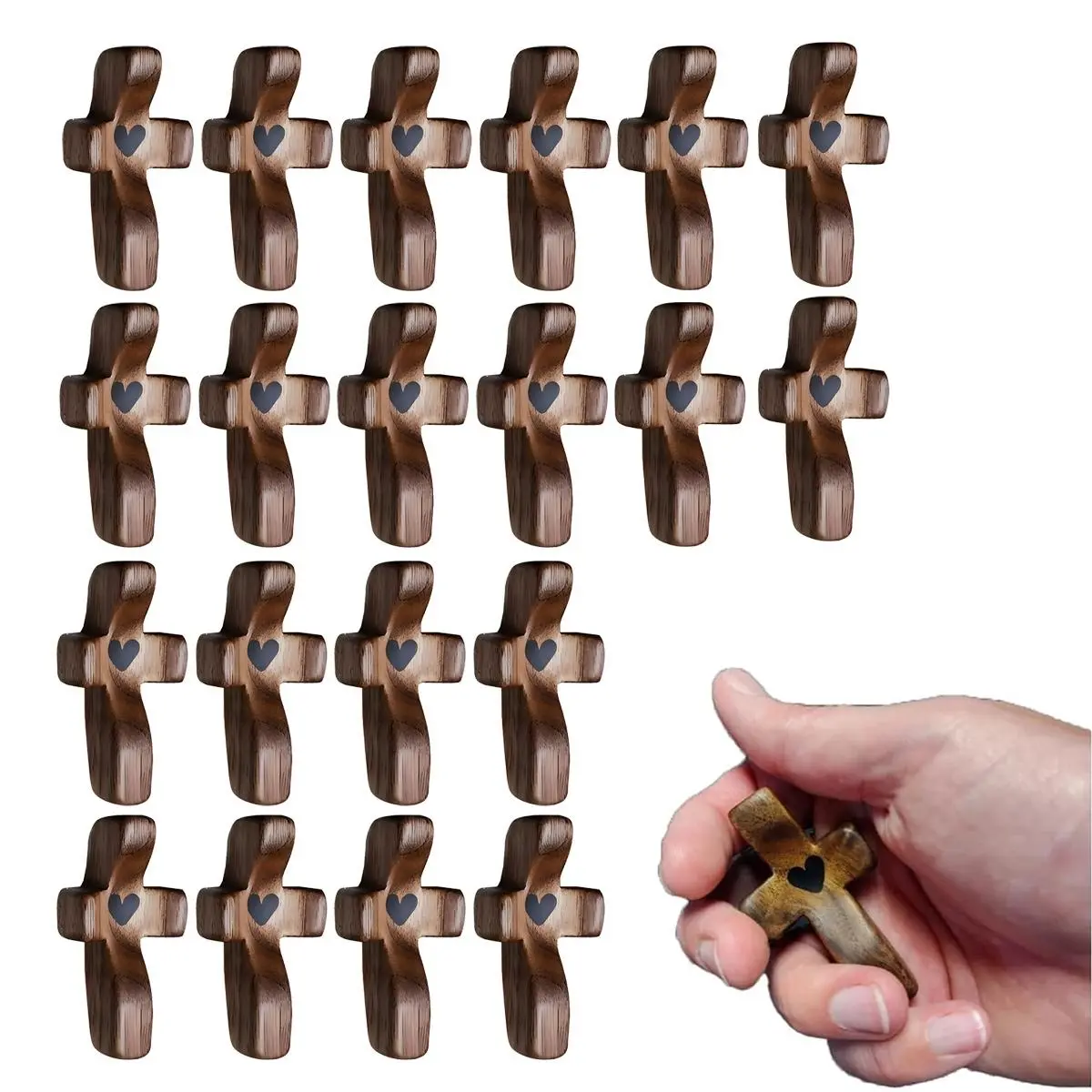 20Pcs Handmade Olive Wood Comfort Holding Cross with Black Heart Inlay Smooth Polished Palm Prayer Cross for Stress Relief Religious Gifts for Easter Basket Stuffers Christian Faith Spiritual Encouragement Comforting Pocket Cross Set