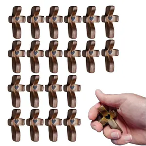 20Pcs Handmade Olive Wood Comfort Holding Cross with Black Heart Inlay Smooth Polished Palm Prayer Cross for Stress Relief Religious Gifts for Easter Basket Stuffers Christian Faith Spiritual Encouragement Comforting Pocket Cross Set