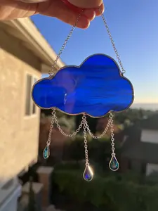 Stained Glass Wispy Deep Blue Rain Cloud Suncatcher with Raindrop Gems! Handmade Stained Glass Hanging Art Decoration to enchant your home!