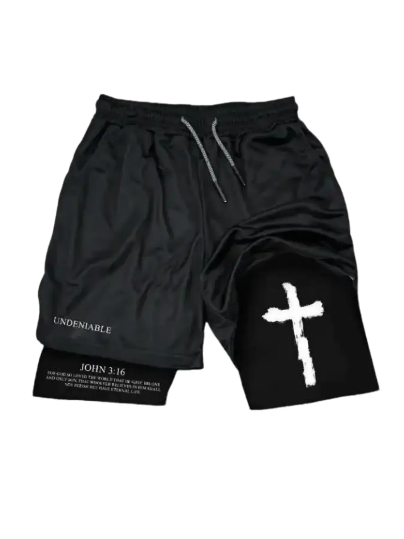 JOHN 3:16 Cross UNDENIABLE Shorts Print 2-in-1 Athletic Shorts Black Unisex Sports Double-Layered Inner Shorts Drawstring Design Men Women Basketball Shorts Pocket