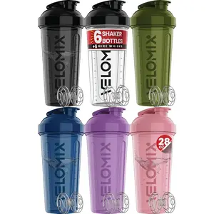 Velomix 6 Pack 28 oz Protein Shaker Bottle for Protein Mixes with 6 Wire Whisks Leak Proof Stackable Design