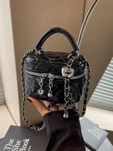 Mini Women's Handbag - Black Quilted Crossbody Bag with Heart Lock Charm, Silver Metal Chain Strap & Top Handle, Cute Card/Key Coin Purse, Y2K Style Bag for Daily/Shopping/Travel