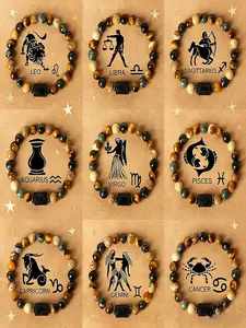 Find Your Unique Zodiac Bracelet! Full Series Available, Natural Stone Feel, Zodiac Print, Casual Style, All Season Wear, Stackable Bracelets