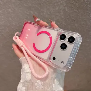 Gradient Color Case For iPhone 17 Air 16 15 14 13 12 11 Pro Max 16 Plus Straps Shockproof Lanyard Magnetic Charge Clear Cover Adjustable Phone Strap
