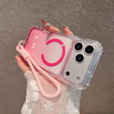 Gradient Color Case For iPhone 17 Air 16 15 14 13 12 11 Pro Max 16 Plus Straps Shockproof Lanyard Magnetic Charge Clear Cover Adjustable Phone Strap Cellphone Accessories