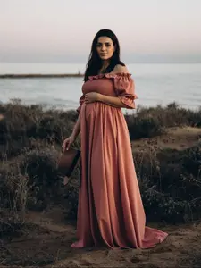 Bohemian Style Flowy Maternity Off-Shoulder Long Dress, Elegant Pregnancy Photography Gown, Comfortable and Stylish, Maternity Clothing, Maternity Outfits