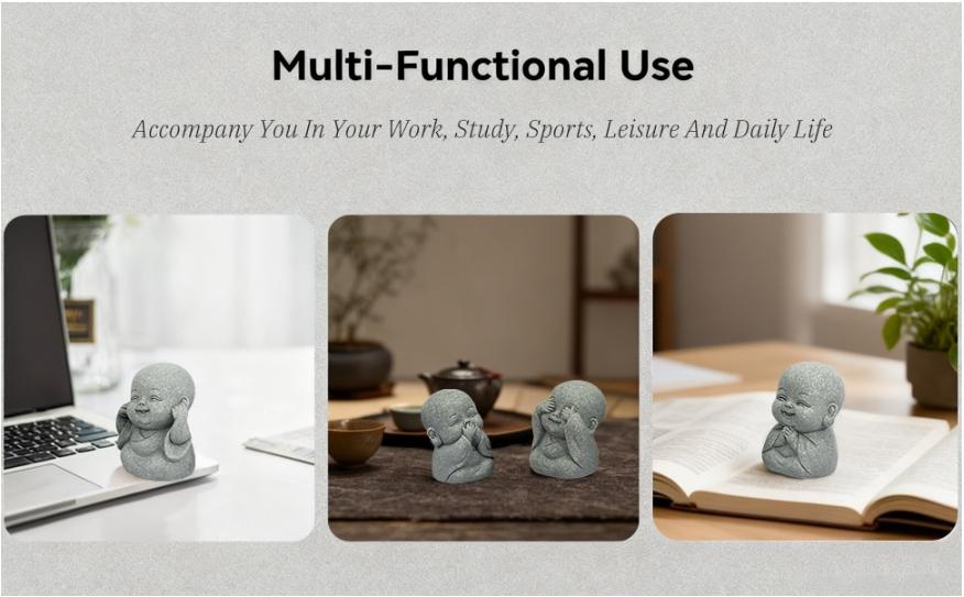 4Pcs Baby Buddha Statue Set, 2 Inch Mini Zen Monk, Sandstone Buddha for Desk Decor, Laughing Buddha for Good Luck, Car Dashboard, Home & Living Room Decor with Blessing Amulet